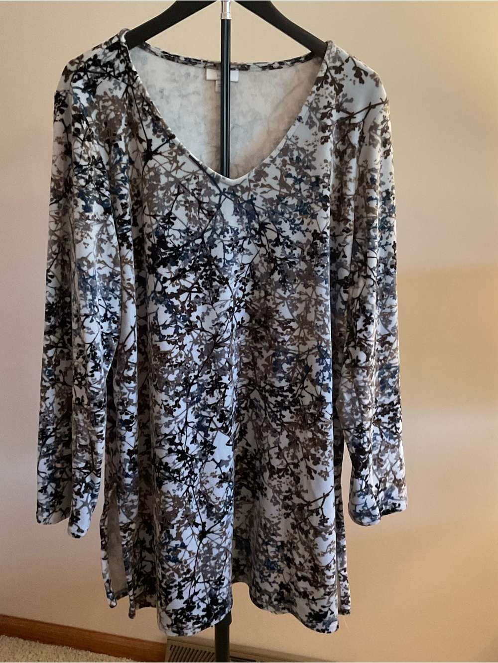Pure Jill Gray & Black Long Sleeve V-Neck Floral Tunic Dress Size XL
